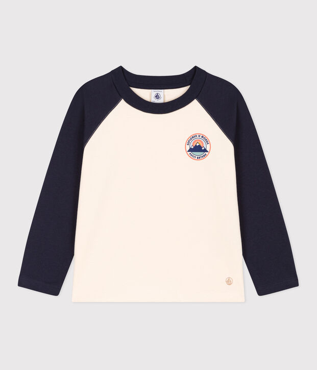 T-shirt a maniche lunghe in cotone bambino ecru/blu