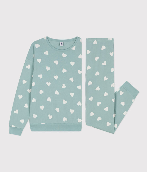 Pigiama cuore donna in cotone verde/ecru