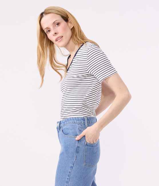 T-shirt L'Iconique scollo a V in cotone a righe donna bianco MARSHMALLOW/blu SMOKING