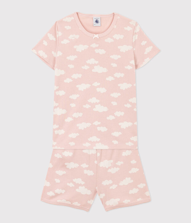 Pigiama corto nuvole bambina in cotone rosa/bianco