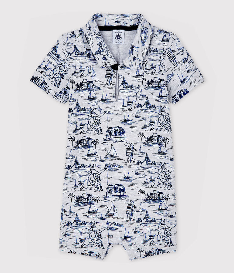 Tutina corta in felpa fantasia beb&egrave; maschio grigio/blu