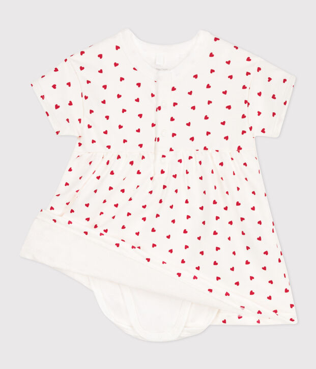 Abito in tessuto felpato beb&egrave; con body integrato bianco/rosso
