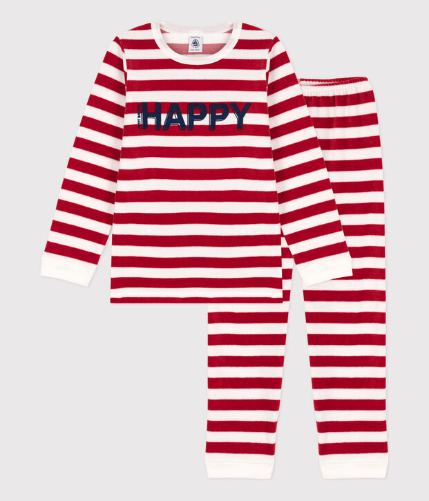 Pigiama bambino unisex in ciniglia a righe rosso/bianco