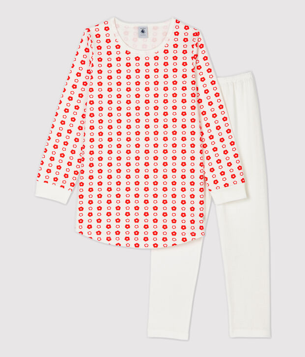 Camicia da notte bambina a fiori in cotone biologico bianco/rosso