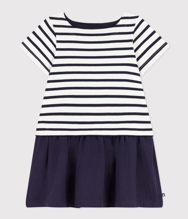 Abito a maniche corte in jersey spesso e garza di cotone bambina bianco MARSHMALLOW/blu SMOKING