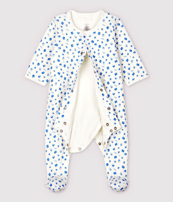 Body-pigiama fantasia barche bebè in tubique in cotone biologico bianco MARSHMALLOW/blu COOL