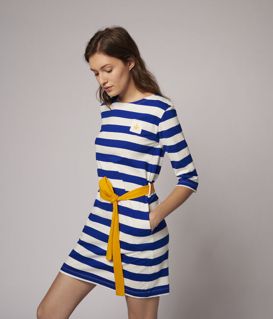 Abito a righe maniche lunghe Donna blu SURF/bianco MARSHMALLOW