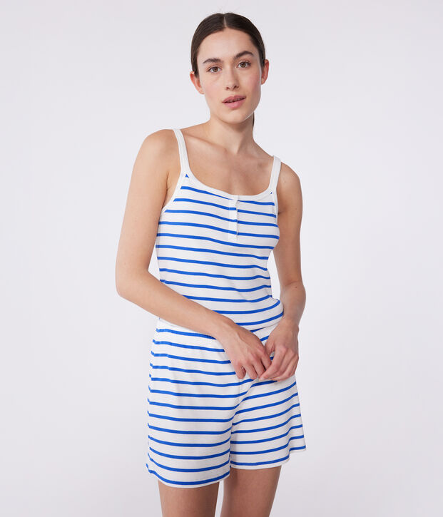Pigiama corto in cotone a righe con spalline sottili donna bianco/blu