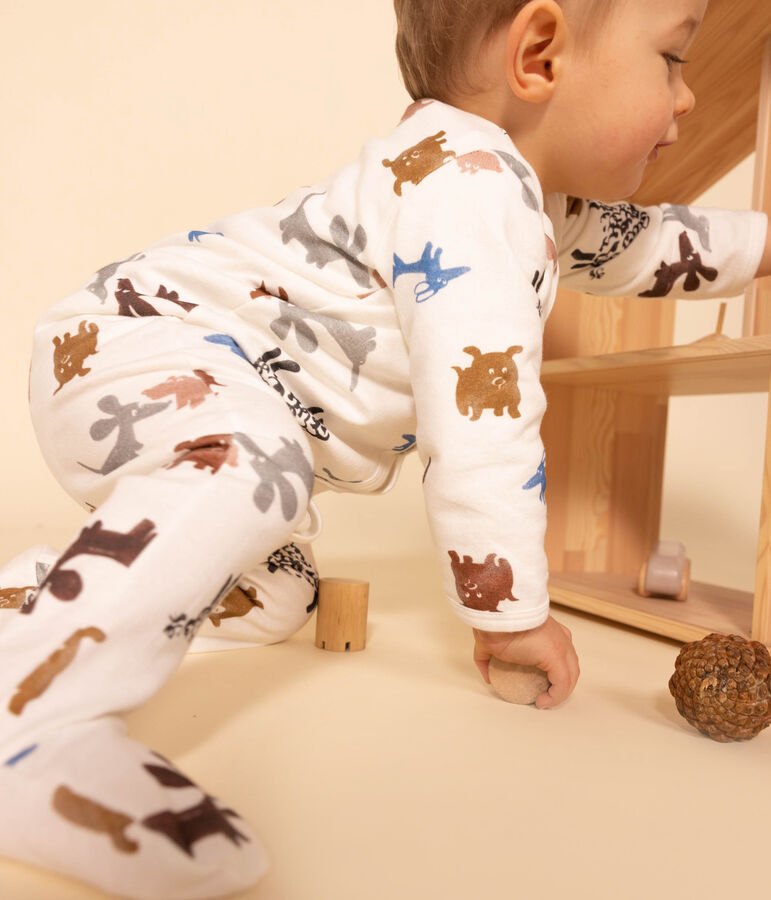 Pigiama beb&egrave; cagnolini in tessuto felpato bianco/multicolore