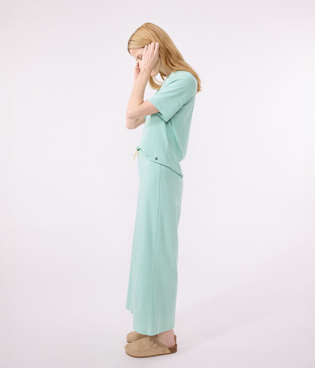 Pigiama in cotone a righe con gamba ampia donna verde/bianco