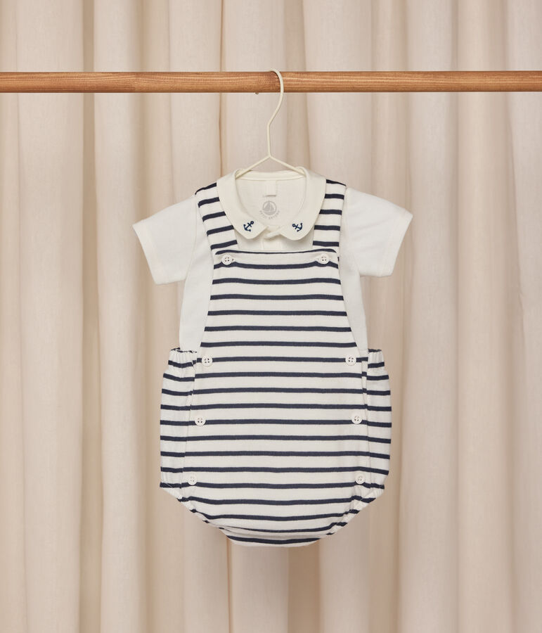 Set 2 pezzi in cotone a righe con dettagli ricamati neonato bianco/blu