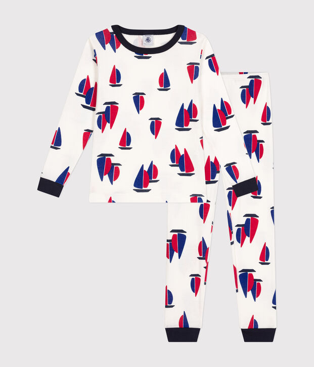 Pigiama aderente in cotone con barchette stampate bambino bianco/multicolore