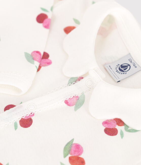 Pigiama in cotone senza piedini con colletto a petalo e frutti neonato bianco MARSHMALLOW/bianco MULTICO