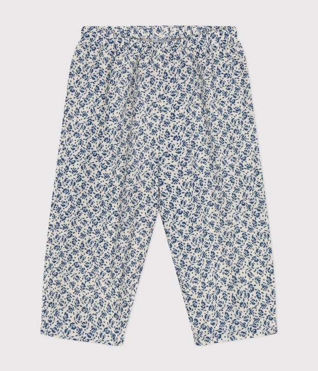 Pantaloni beb&egrave; in garza di cotone fantasia ecru/blu