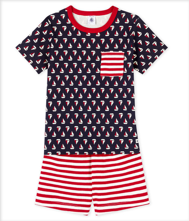 Pigiama corto bambino a costine blu/multicolore