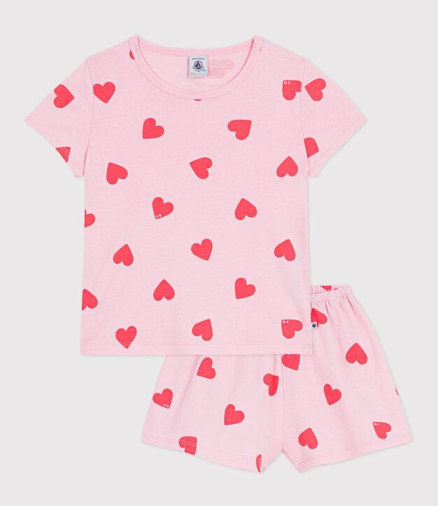 Pigiama corto in cotone con stampa a cuori bambina rosa/arancione