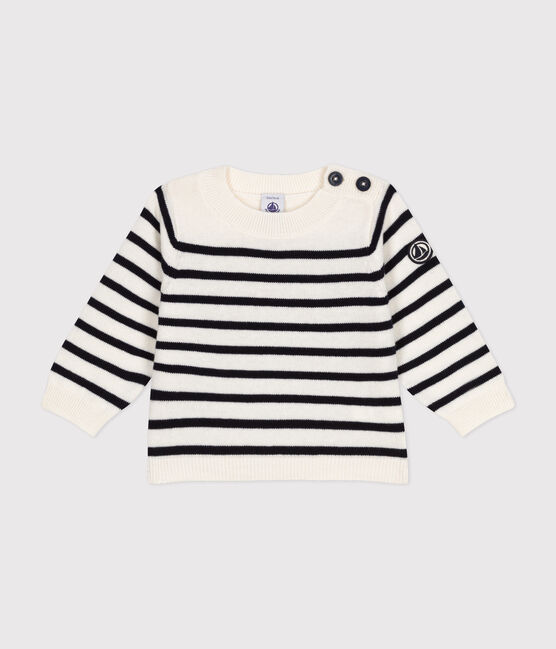 Pullover in maglia di lana e cotone neonato bianco MARSHMALLOW/blu SMOKING