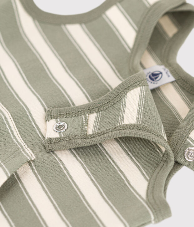 Tuta corta senza maniche beb&egrave; in jersey spesso a righe verde/ecru