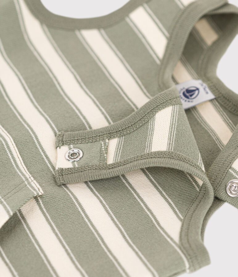 Tuta corta senza maniche beb&egrave; in jersey spesso a righe verde/ecru