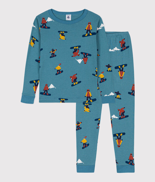 Pigiama bambino unisex in cotone aderente motivo snowboard blu/multicolore