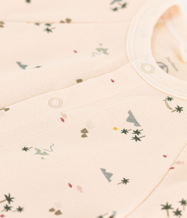 Tutina lunga beb&egrave; in tessuto felpato stampato ecru/multicolore