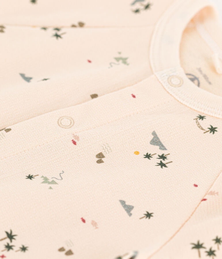 Tutina lunga beb&egrave; in tessuto felpato stampato ecru/multicolore