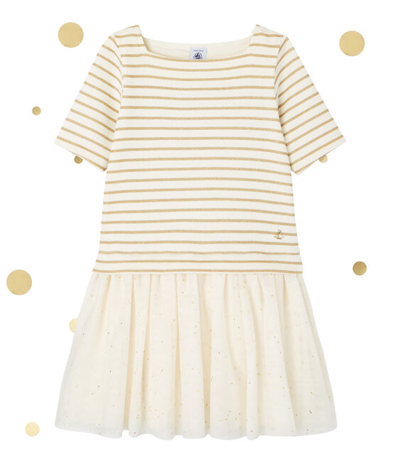 Abito bambina bi-matiere a righe brillantinate beige COQUILLE/giallo LUREX DORE