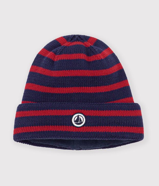 Cuffietta in maglia a righe con fodera in pile bambino blu/rosso