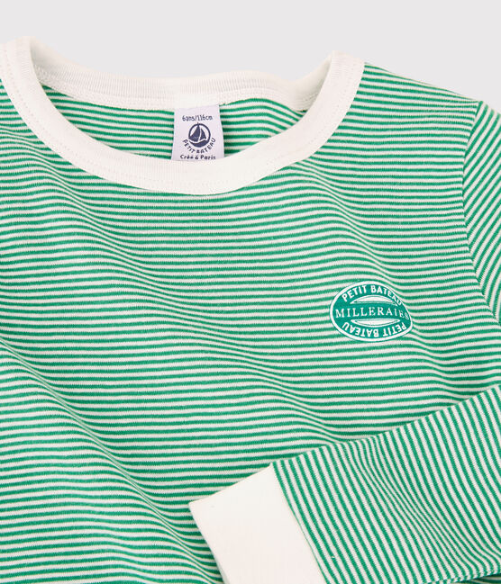 Pigiama bambino snugfit a righe verdi in cotone biologico verde GAZON/bianco MARSHMALLOW