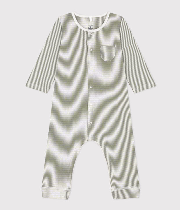 Tutina lunga beb&egrave; millerighe in cotone verde/bianco