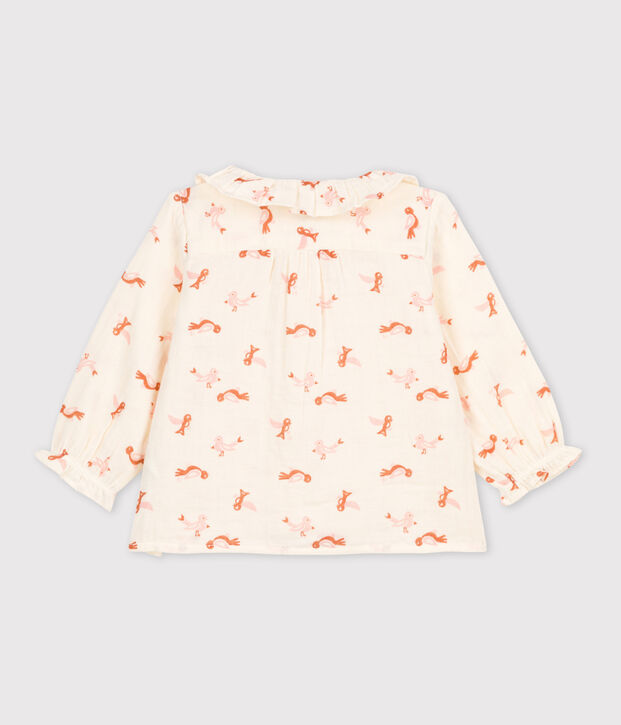 Blusa beb&egrave; in garza di cotone con motivo uccelli ecru/multicolore