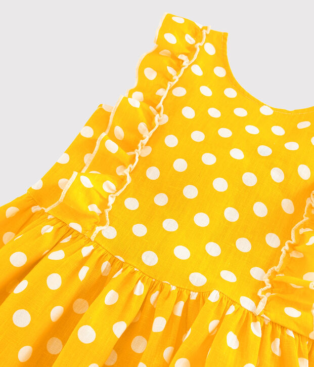 Abito manica corta in lino bambina giallo/bianco