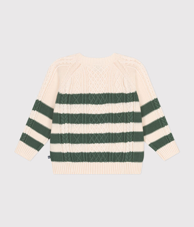Maglione irlandese in cotone a righe bambino ecru/verde