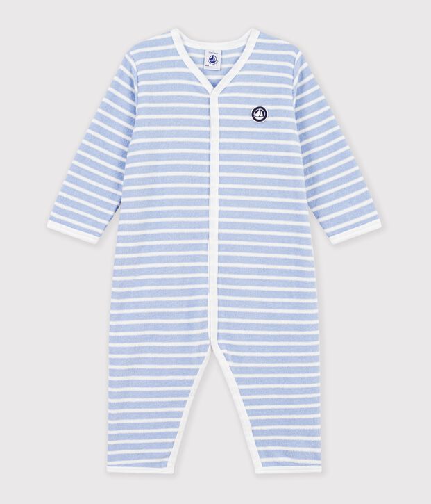 Pigiama senza piedini in spugna di cotone a righe neonato blu/ecru