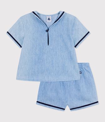 Completo neonato 2 pezzi in chambray con T-shirt con colletto alla marinara