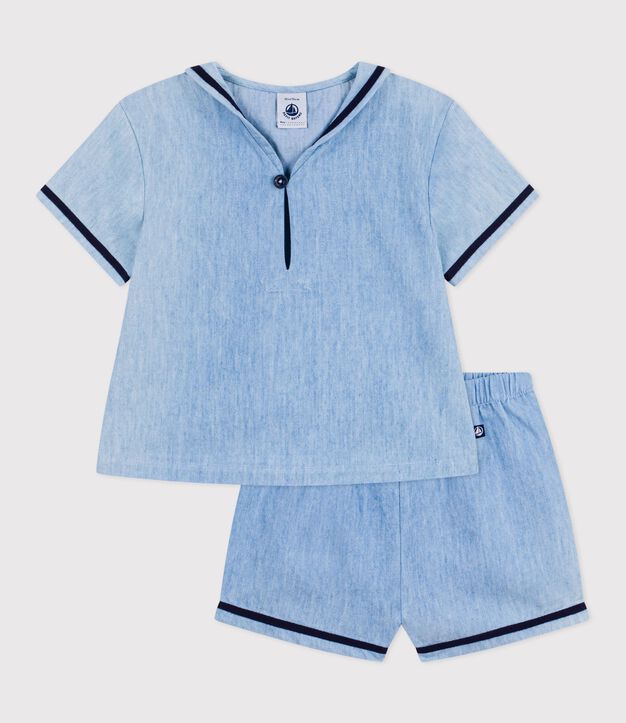 Completo neonato 2 pezzi in chambray con T-shirt con colletto alla marinara blu