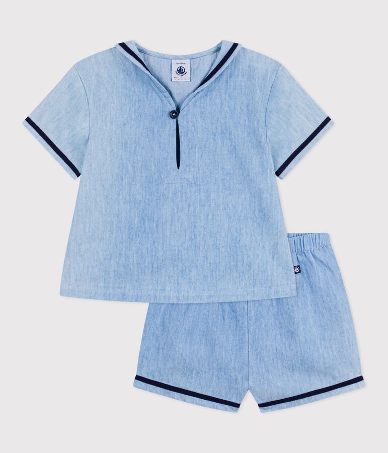 Completo neonato 2 pezzi in chambray con T-shirt con colletto alla marinara blu