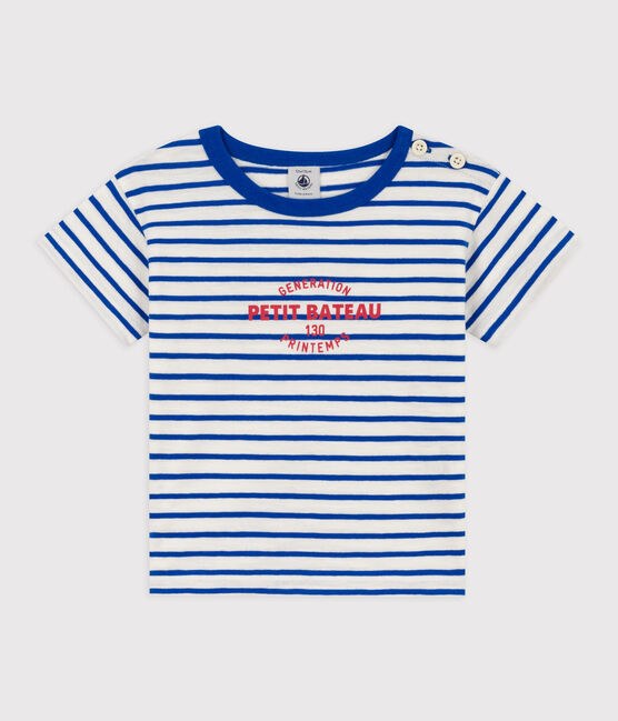 T-shirt a maniche corte bebè rigata in cotone bianco MARSHMALLOW/blu PERSE