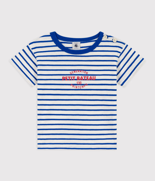 T-shirt a maniche corte beb&egrave; rigata in cotone bianco/blu