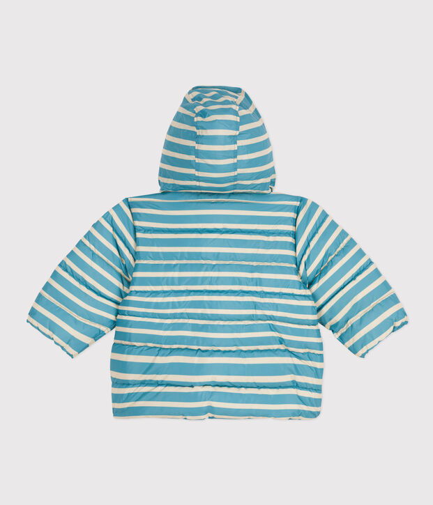 Piumino a righe con cappuccio ripiegabile per beb&egrave; blu/ecru