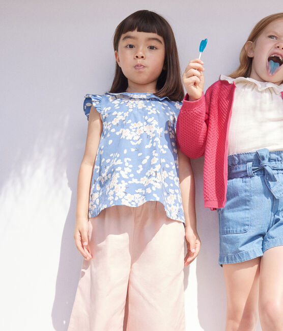 Blusa in popeline stampato bambina blu BEACH/ MULTICO