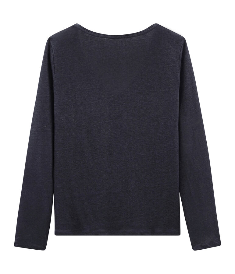 T-shirt maniche lunghe donna in lino cangiante blu SMOKING/rosa COPPER