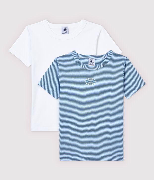 Confezione da 2 t-shirt manica corta millerighe blu bambino in cotone biologico multicolore