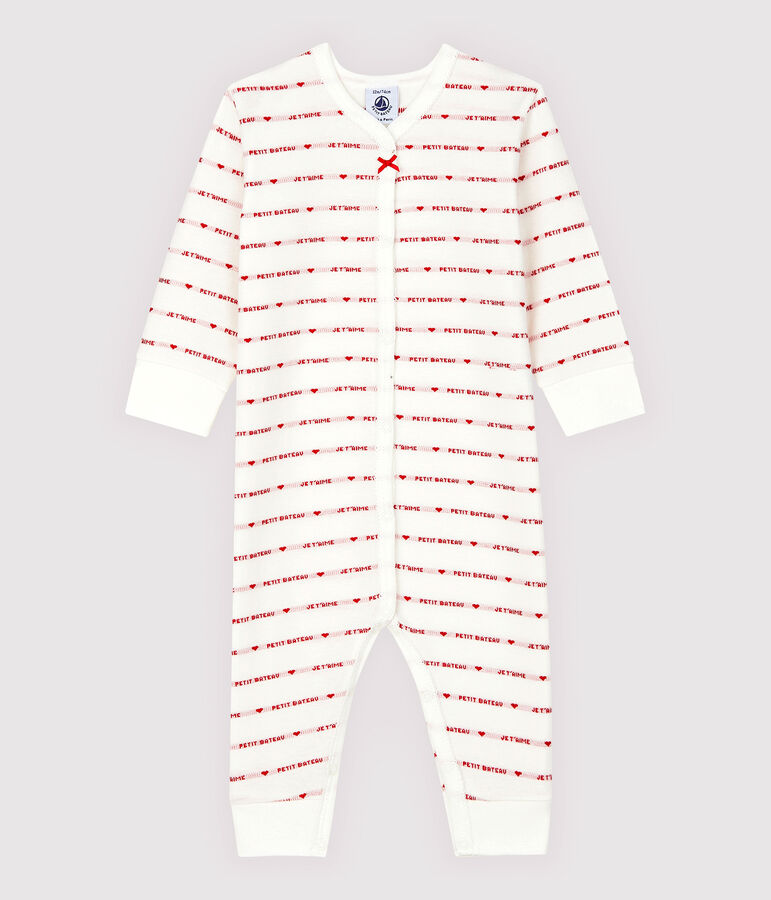 Tutina pigiama senza piedi Petit Bateau Je T'aime beb&egrave; in jacquard bianco/rosso