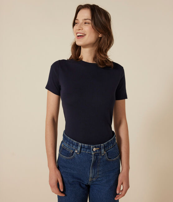 T-shirt Iconica a maniche corte a coste tinta unita donna blu SMOKING