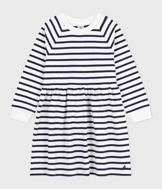 Abito a maniche lunghe in cotone a righe bambina bianco MARSHMALLOW/blu SMOKING