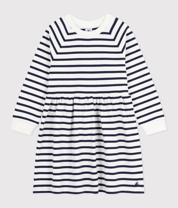 Abito a maniche lunghe in cotone a righe bambina bianco/blu