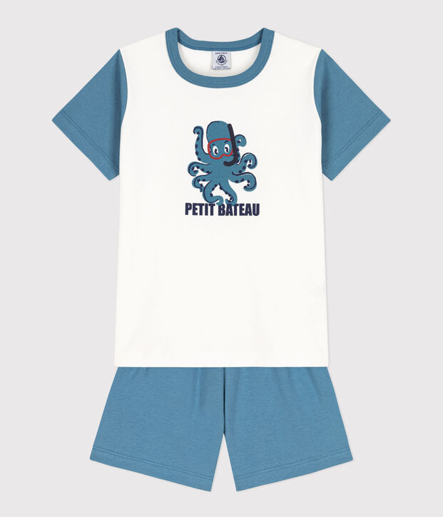 Pigiama corto in cotone con fantasia polpo per bimbi, unisex blu/bianco
