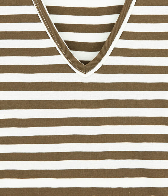 T-shirt donna scollo V in costina originale 1x1 rigata marrone SHITAKE/bianco MARSHMALLOW