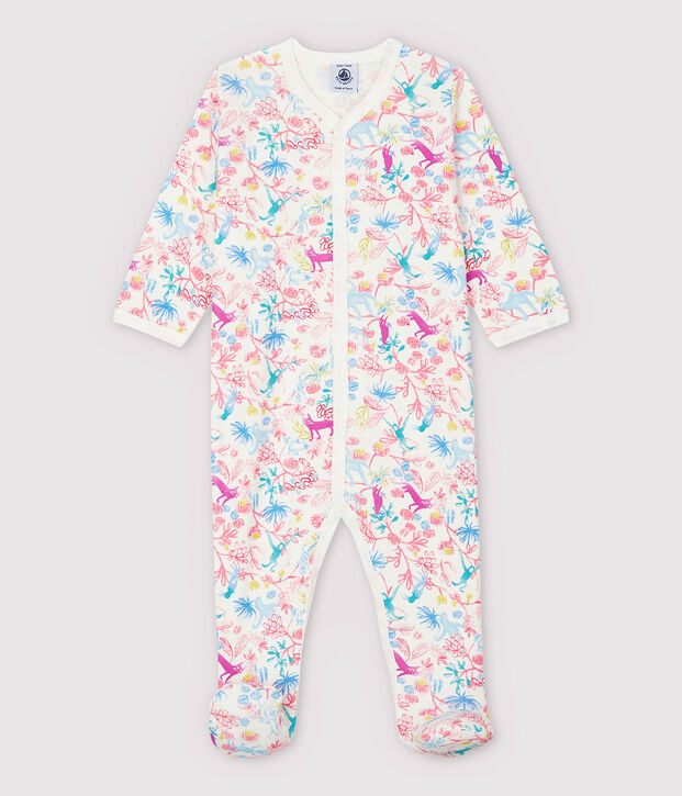Tutina pigiama giungla beb&egrave; femmina in cotone bianco/multicolore